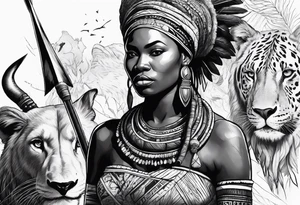 African woman warrior with tribe scars and spear in hand with animals in background tattoo idea