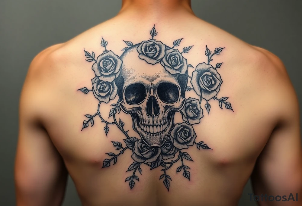 gothic skull intertwined with climbing roses and thorny vines tattoo idea