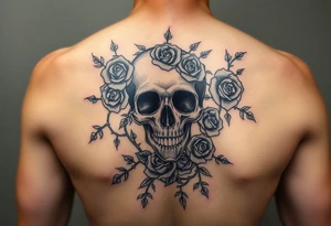 gothic skull intertwined with climbing roses and thorny vines tattoo idea
