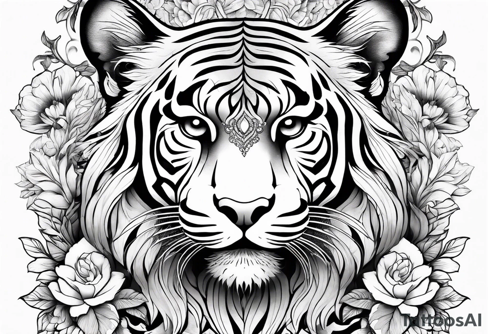 black and white feminine full tiger tattoo with floral design and filigree, feminine tattoo idea