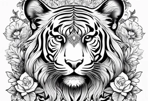 black and white feminine full tiger tattoo with floral design and filigree, feminine tattoo idea
