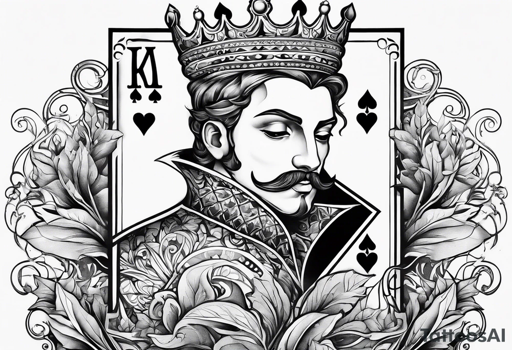 A right side of neck, tattoo of the king of hearts with the Ace of spades behind it and an enchanted leaves around it tattoo idea