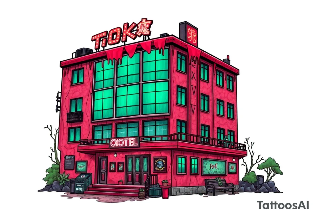 Tim Burton’s Tokyo sex hotel from outside viewis abandoned and dripping with muted reds, dusty pinks, and eerie green glow. tattoo idea tattoo idea