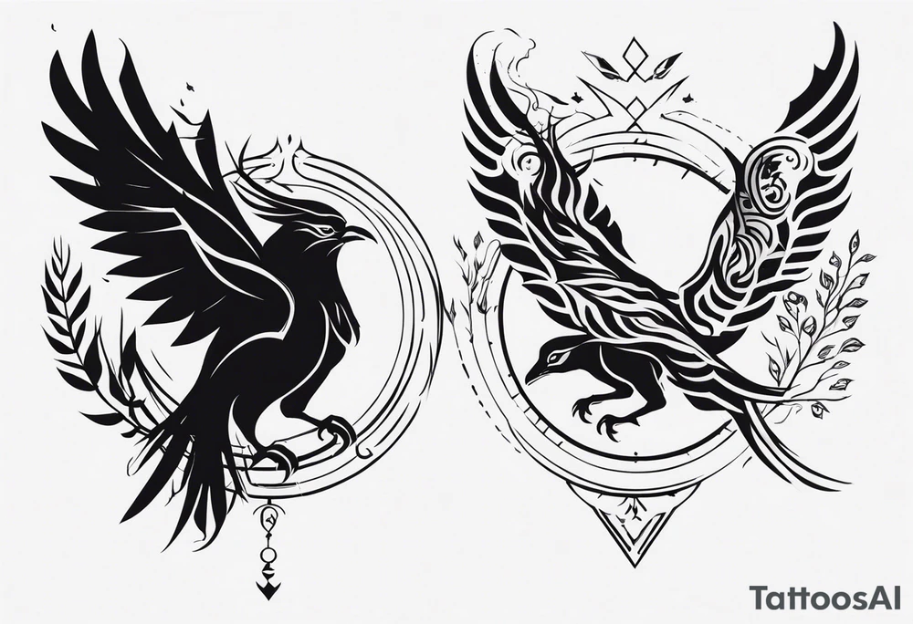 Phoenix with Raven and Tiger on left side and deer and owl on right tattoo idea