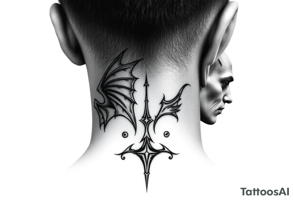 position behind the neck Angel (on the right) whispering in the right ear, demon (on the left) whispering in the left ear. It must be as realistic as possible. tattoo idea