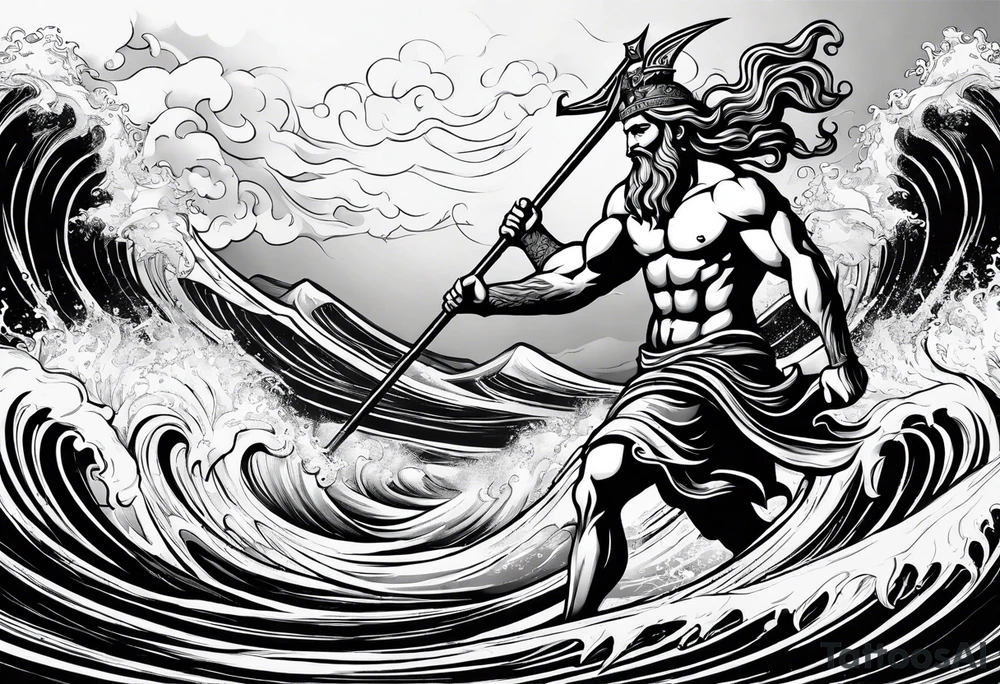 An image of Poseidon holding his trident with waves in the background. tattoo idea