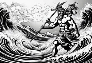 An image of Poseidon holding his trident with waves in the background. tattoo idea