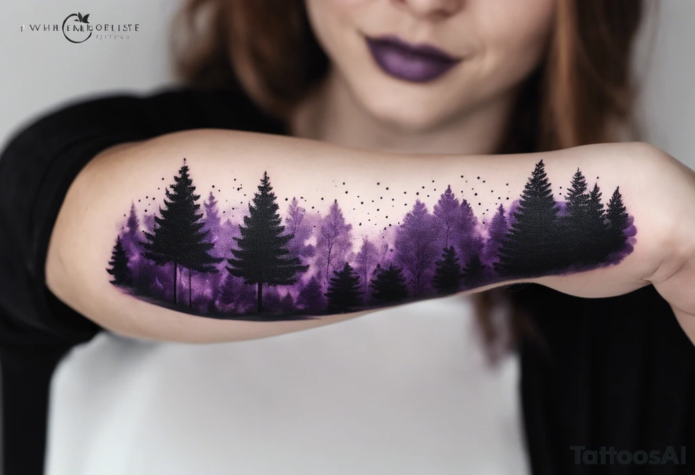 forest, abstract, on hand, no people, purple and black, full, whole wrist wrapped tattoo idea