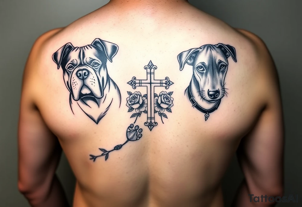 2 bulldogs with 2 dachunds with a paw print, a cross with roses, and a dinosaur tattoo idea