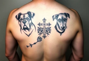 2 bulldogs with 2 dachunds with a paw print, a cross with roses, and a dinosaur tattoo idea