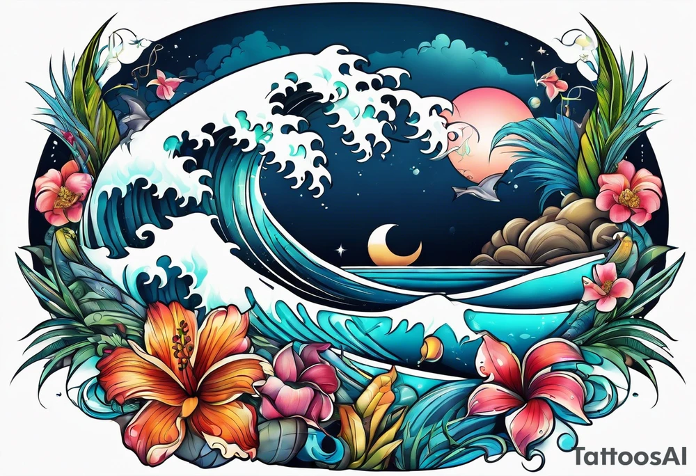 sea, flower, palm, animal tattoo idea