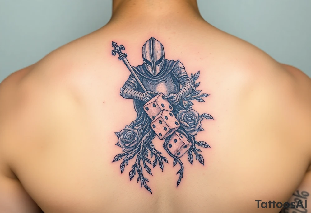 knight and squid intertwined with tree roots and roses rolling dice tattoo idea