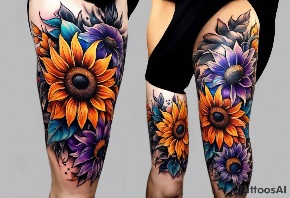 Full leg sleeve with purple, orange and blue sunflowers tattoo idea