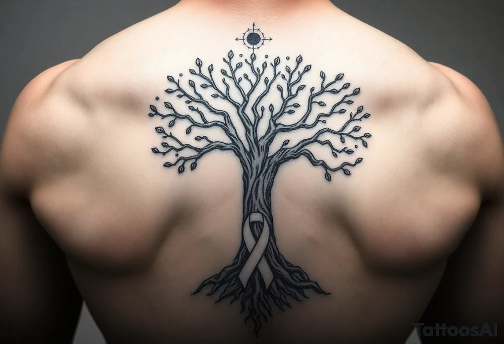 mystical tree of life with cosmic roots and celestial branches with HIV-positive symbol tattoo idea