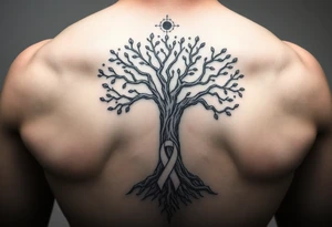 mystical tree of life with cosmic roots and celestial branches with HIV-positive symbol tattoo idea