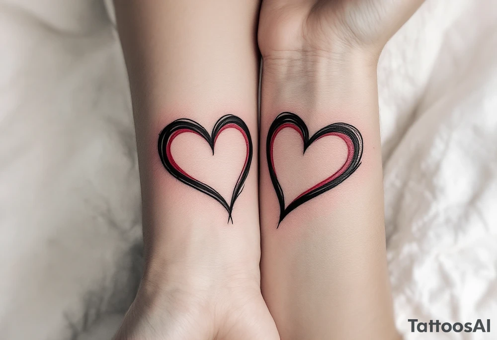 Two half-heart tattoos in black with red tips that form a full heart when partners wrists are side by side tattoo idea