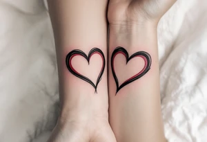 Two half-heart tattoos in black with red tips that form a full heart when partners wrists are side by side tattoo idea