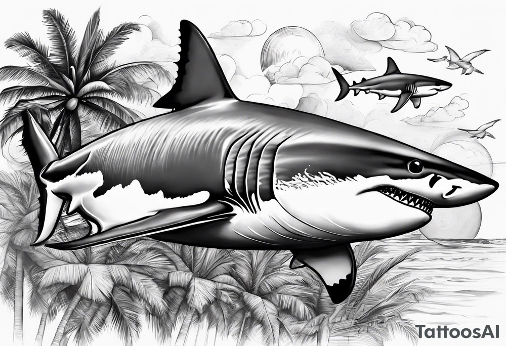 Great white shark, hurricane, palm trees, $$$$$$ tattoo idea