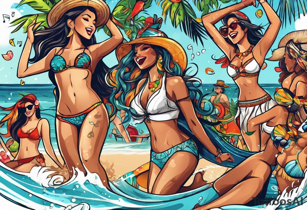 SURFING SAFARI BEACH DANCE 
PARTY WITH CONFETTI AND MUSIC NOTES, TROPICAL DRINKS, SEXY BIKINIS tattoo idea