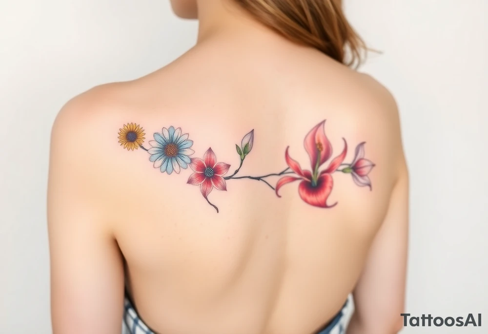 This tattoo is on a woman. It is a line of flowers connected by a single stem. It starts on her left side of the chest with a Glaiolus and Daisy together, then the tatoo rises over the left shoulder and down the arm and ends at the elbow. The tattoo will include a primrose, Calla Lily, and a Lilly. It will be light on color except in the petals and has light shading to make it pop. tattoo idea