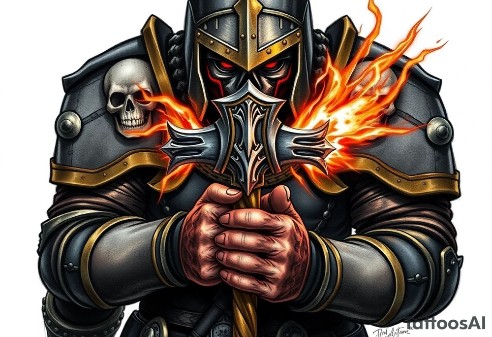 Warhammer, the Old World. A warrior priest of Sigmar holding The Warhammer of Sigmar. The Warhammer of Sigmar is radiating thunderous energy. The Warhammer is held by the warrior priest with both hands at the shaft with a firm grip, upon his chest level. The Warrior priest is wearing dark alloyed heavy armour (reference armor from warhammer vermintide 2 Victor Saltzpyres, the warrior priest of Sigmar class) with skull sigils on his shoulder pads. The warrior priest is wearing a helmet, while the helmets front visor has an humanoid metal face covering. The helmet and armour are gladened with hints of gold and crimson red. The Warhammer is silverish and golden with a long shaft with twisted carvings. tattoo idea