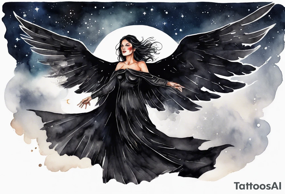 a beautiful 45 year old woman flying in the night sky with black wings, wearing a black cloak and black gloves, bare feet tattoo idea