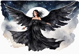 a beautiful 45 year old woman flying in the night sky with black wings, wearing a black cloak and black gloves, bare feet tattoo idea