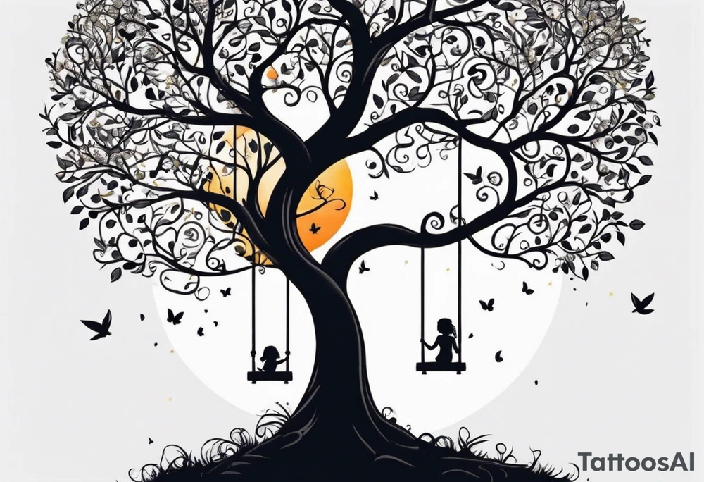 tree of life with swing little girl and man tattoo idea