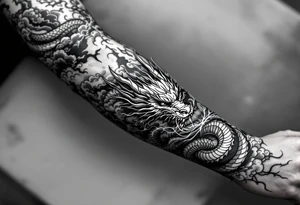 storm clouds and lightning mixed throughout, eastern dragon wrapping around the arm with head at the inside wrist, tattoo idea