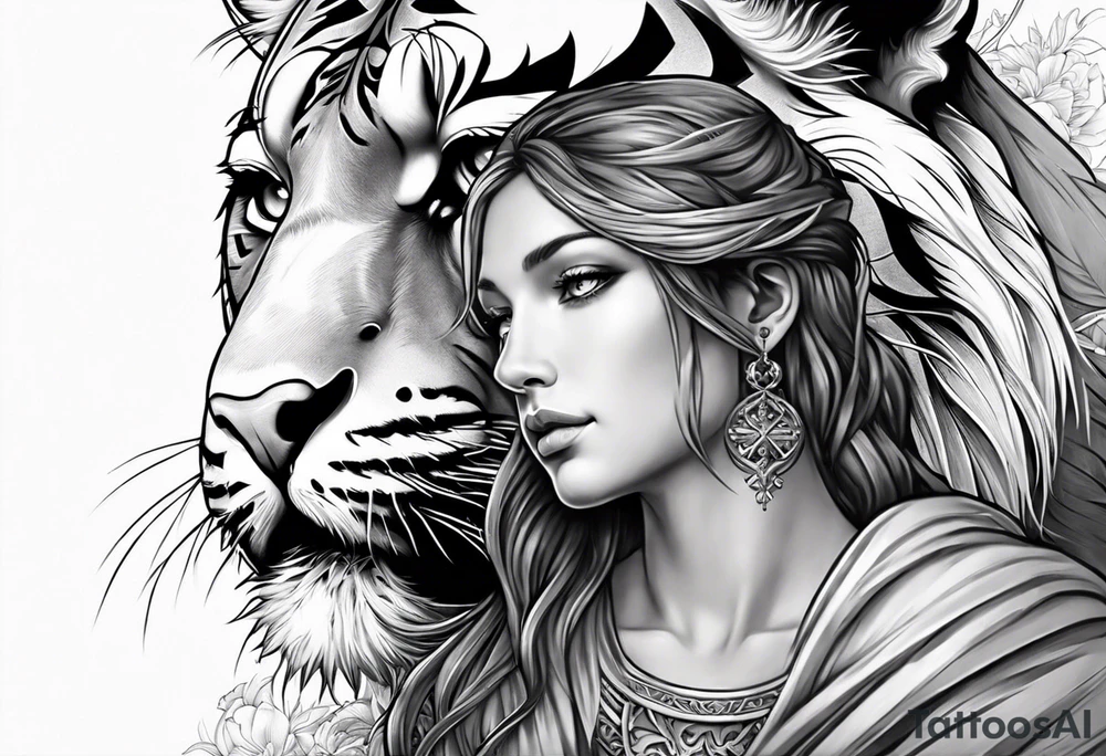 Jesus on a cross with a tiger cub walking in front tattoo idea