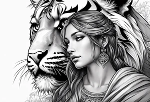 Jesus on a cross with a tiger cub walking in front tattoo idea