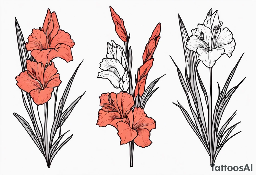 a thin narrow gladiolus with coral-colored flowers with red centers tattoo idea