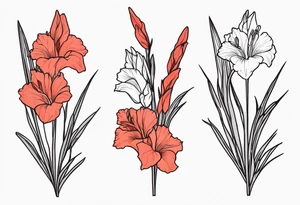 a thin narrow gladiolus with coral-colored flowers with red centers tattoo idea