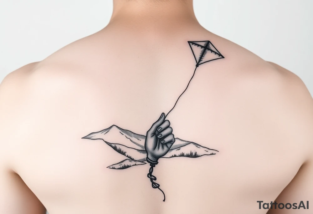Kite in the country hand holding a kite. Over the hills tattoo idea