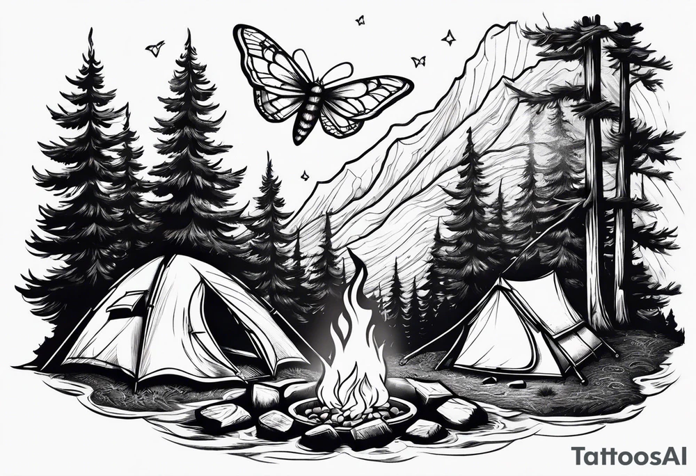 Campfire with small Moth flying above tattoo idea