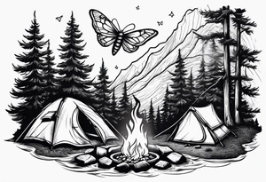 Campfire with small Moth flying above tattoo idea