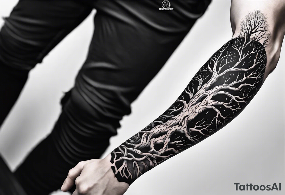 tattoo fool sleeve, tree roots break out of the chains at the bottom of the hand tattoo idea
