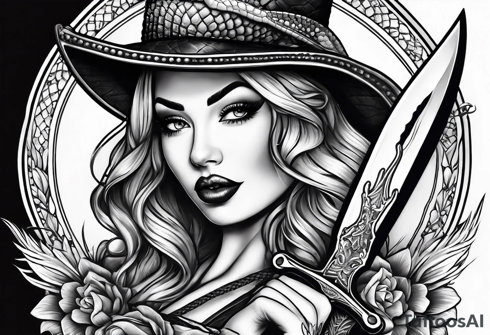 Dagger with an alligator and topless pinup girl tattoo idea