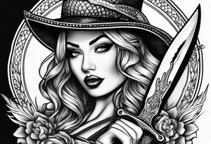 Dagger with an alligator and topless pinup girl tattoo idea