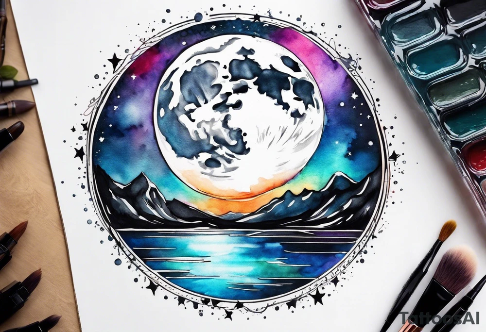Moon with water color tattoo idea