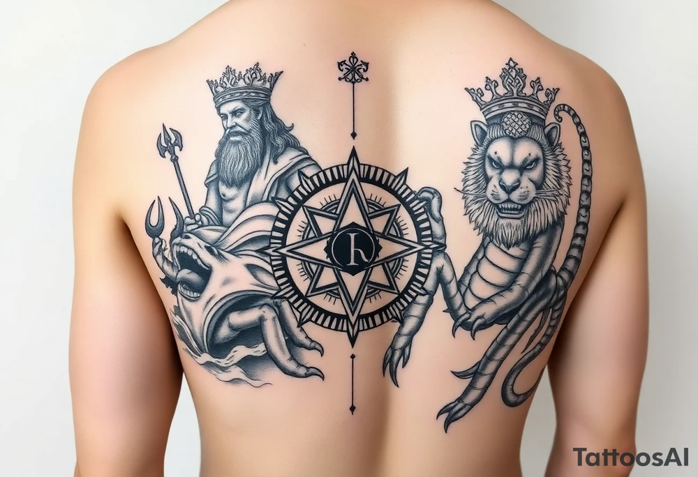 Full arm tattoo, Poseidon coming out of the water with the trident down, the statue of the goddess Themis of blind justice, a powerful and majestic lion with a crown and in the middle of this crown a square is a freemason's compass, a realistic scorpion, Japanese shadow movements of the waves, tattoo idea