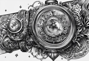 right upper arm tattoo with skin looks like cut  through and mechanical arm is in the back ground tattoo idea