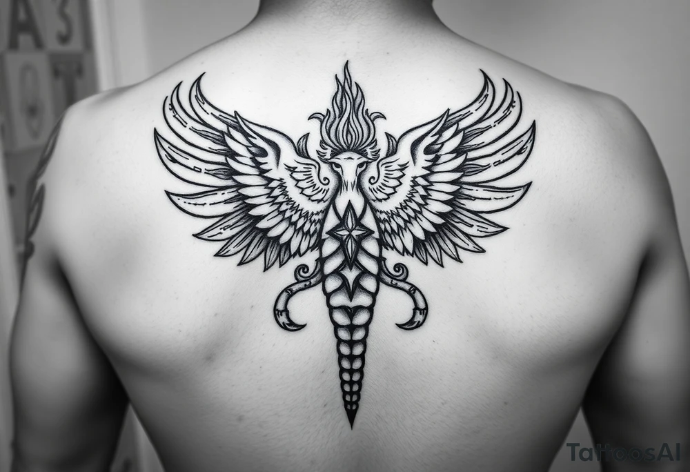 A stylized mandala incorporating elements of all three creatures. Scorpion tail forming the base, eagle wings creating symmetry, and phoenix feathers integrated as decorative patterns with flame textures. tattoo idea