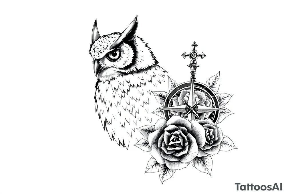 an owl,compass,roses, tattoo idea