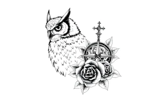 an owl,compass,roses, tattoo idea