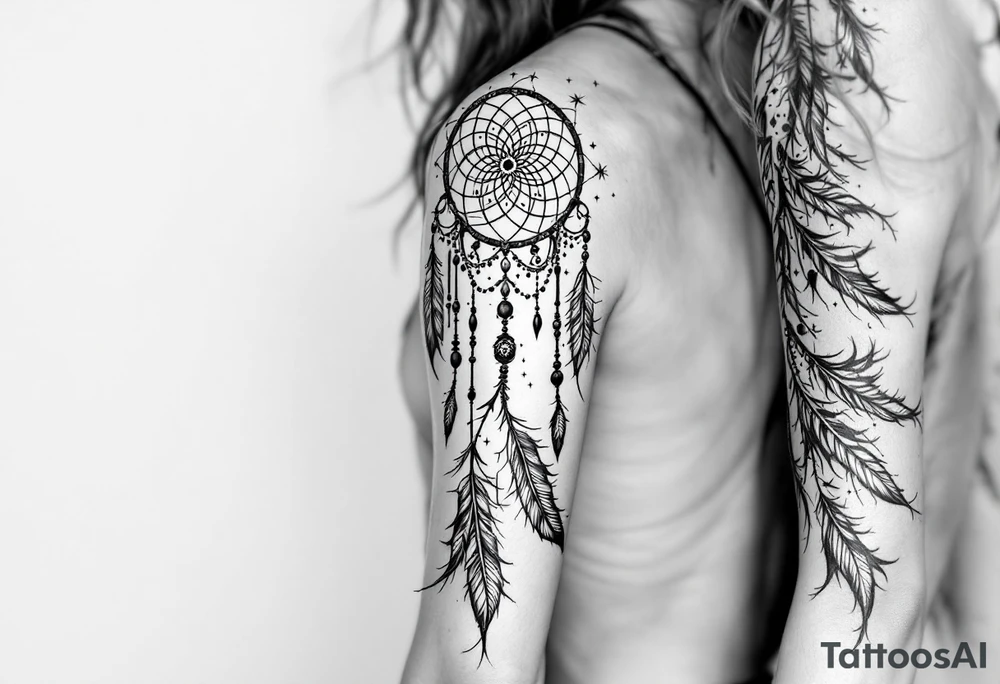 native dreamcatcher with flowing feathers and sacred beads tattoo idea