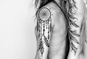 native dreamcatcher with flowing feathers and sacred beads tattoo idea