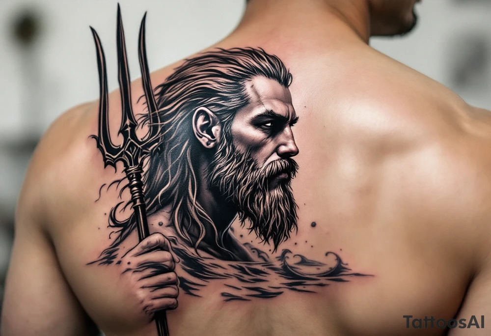 fit poseidon, with trident, in water, looking at the horizon tattoo idea