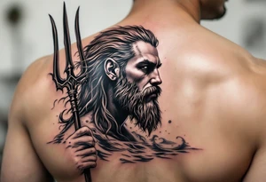 fit poseidon, with trident, in water, looking at the horizon tattoo idea