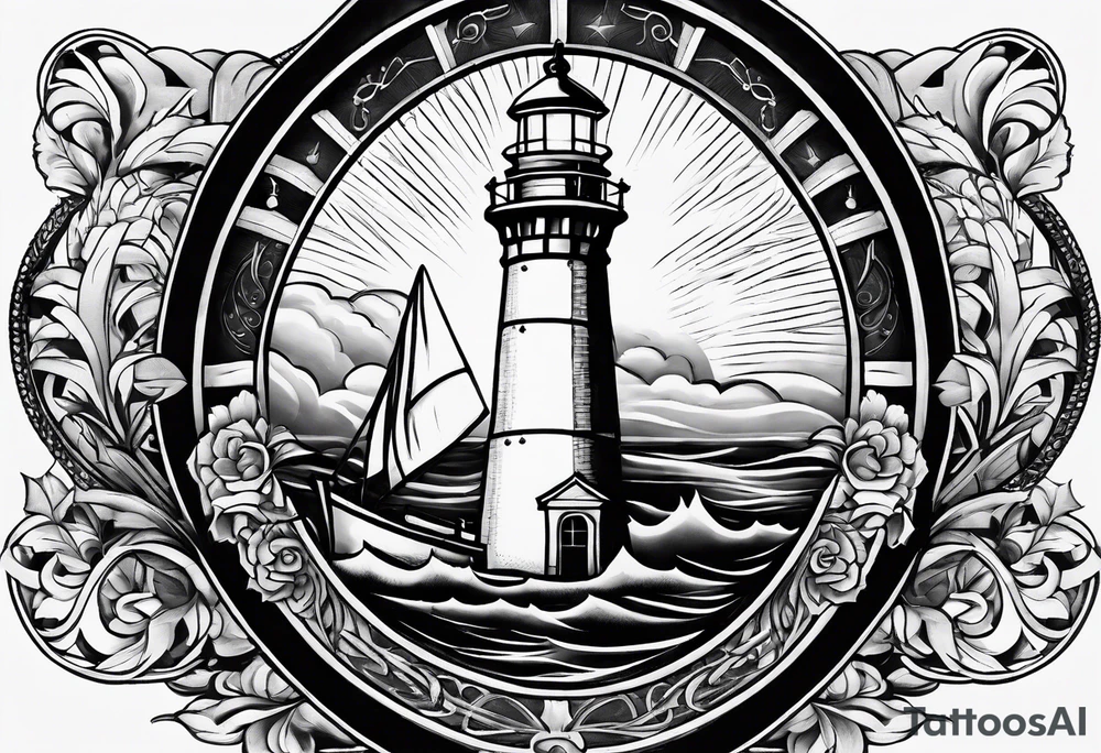 An open book with a lighthouse in the middle and a compass to wrap around forearm tattoo idea